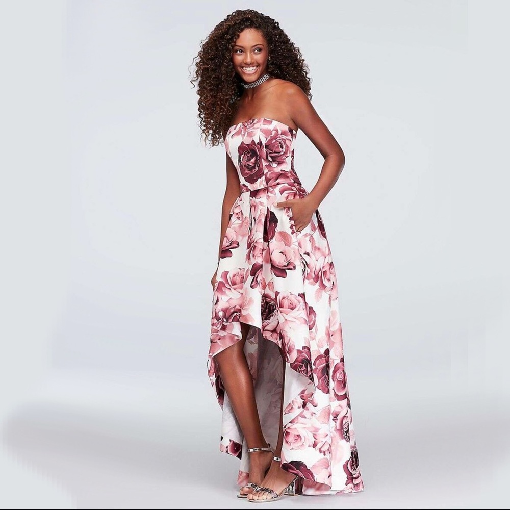 FLORAL-PRINTED HIGH-LOW SATIN TWILL BALL GOWN